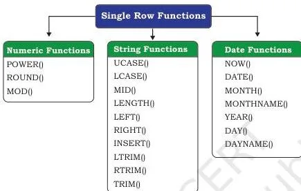 Branch diagram sorting single-row functions into three categories: Math functions, String functions and Date and Time functions