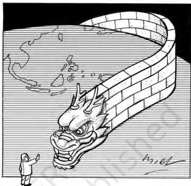 Contemporary Social and Economic Centres of Power Class 12 Cartoon of a towering dragon on the Great Wall of China with a tiny man watching, depicting the rise of China as a contemporary social and economic centre of power