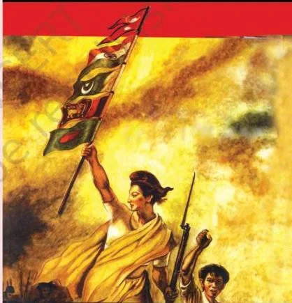 Contemporary South Asia Class 12: NCERT Chapter 3 PDF Allegorical artwork of a torch-bearing figure leading a crowd forward, adapting Delacroix's Liberty Leading the People to stand for democratic aspiration in South Asia