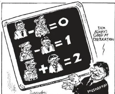 Contemporary South Asia Class 12: NCERT Chapter 3 PDF Cartoon of Pervez Musharraf shown in a double role as President of Pakistan and army General, with equations below that the textbook asks readers to decode