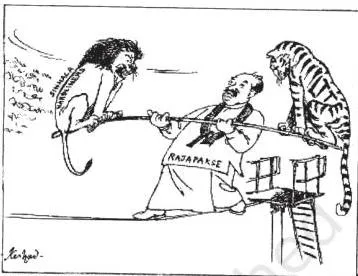 Contemporary South Asia Class 12: NCERT Chapter 3 PDF Cartoon by Keshav showing the Sri Lankan leadership trying to balance the Lion, representing Sinhala hardliners, and the Tiger, representing Tamil militants
