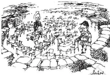 Contemporary South Asia Class 12: NCERT Chapter 3 PDF Cartoon of Indo-Pak relations progressing from a world of bunkers to a world of dialogue tables, showing the shift from conflict to negotiation