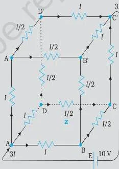 Current Electricity Class 12 Notes: Ohm's Law to Kirchhoff Circuit of a cube with 12 identical resistors, current enters at one corner and leaves at the opposite one.