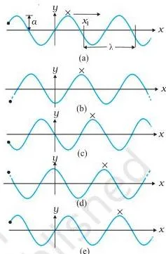 Snapshots of a sine wave at successive times with a crest marked by a cross moving right while a particle dot at the origin oscillates vertically