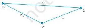 Potential energy of a system of three charges is given by Eq. (2.26), with the notation given in the figure.
