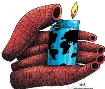 Environment and Natural Resources Class 12 PDF (Chapter 6) Editorial cartoon of chimney-shaped fingers holding the world as a lighter, showing industrial growth as the driver of global warming