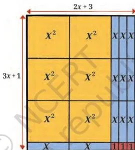 Exploring Algebraic Identities Class 9 Notes Algebra tiles arranged as a rectangle of sides 2x plus 3 and 3x plus 1, representing the product of two binomials with leading coefficients
