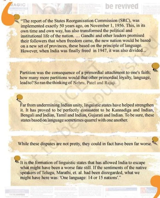 Federalism Class 10: NCERT Democratic Politics Chapter 2 Excerpt of Ramachandra Guha Times of India article on linguistic states, used as a source based reading activity
