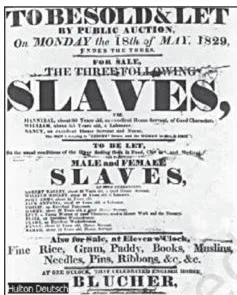 A printed 1829 newspaper advertisement offering enslaved people for sale at auction, documenting the slave trade era and the separation of families