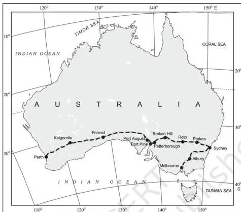 Route map of the Australian Trans-Continental Railway running west-east from Perth to Sydney across the southern part of the continent