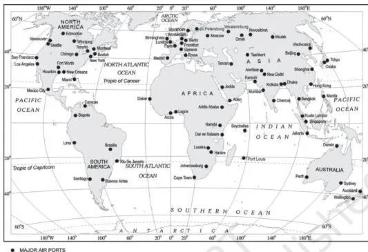 World map of major airports marking the nodal points such as New York, London, Paris, Singapore and Tokyo across the northern hemisphere