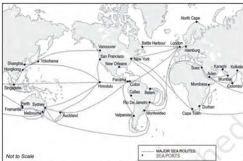 World map of major sea routes and sea ports, showing the six ocean routes and the places where the Suez and Panama canals cut across them