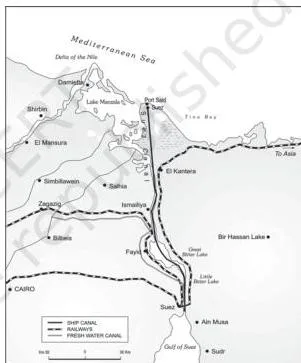 View of the Suez Canal passing through flat desert as a sea-level waterway without locks, connecting the Mediterranean and Red Seas