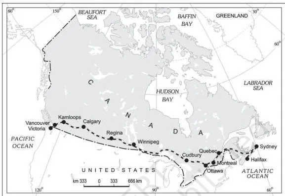 Route map of the Trans-Canadian Railway crossing Canada from Halifax in the east to Vancouver on the Pacific coast