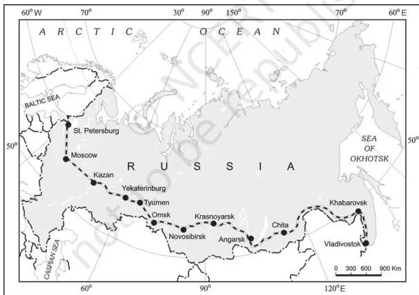 Route map of the Trans-Siberian Railway running across Russia from St. Petersburg in the west to Vladivostok on the Pacific coast