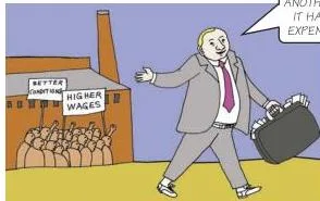 Cartoon of a factory owner saying he will shift the factory to another country because it has become expensive here, illustrating joint production
