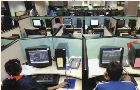 A Bengaluru call centre in the globalisation and the Indian economy chapter, where workers use telecom and internet facilities to support customers abroad