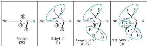 Haloalkanes and Haloarenes Class 12 PDF (Chemistry Part II) Molecular models showing relative SN2 rates falling sharply from methyl to tertiary alkyl halides as steric hindrance increases