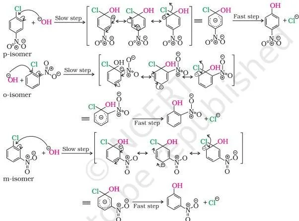 Haloalkanes and Haloarenes Class 12 Notes Comparison of nitrobenzene derivatives showing that only the ortho and para nitro groups can stabilise the negative charge, not the meta