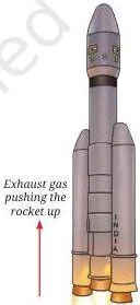 A rocket engine expelling gas downwards while an equal and opposite force pushes the rocket upward