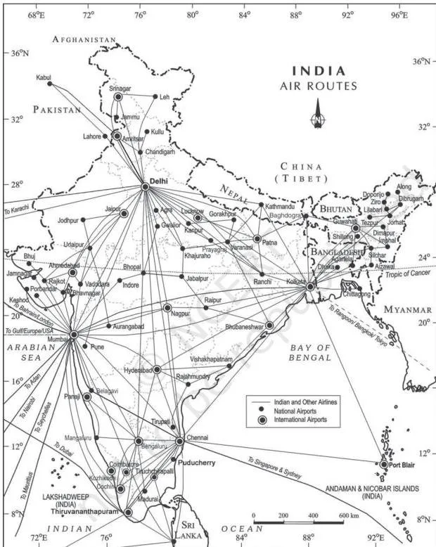 Map of India's air routes showing domestic connections converging on the major metropolitan cities