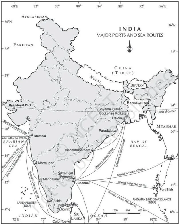 Map of India's major ports on the west and east coasts with sea routes towards the Middle East, Europe and East Asia
