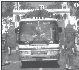 A bus from Lahore to Delhi standing at the Wagah border crossing, an international road link between India and Pakistan