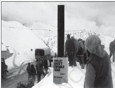 High-altitude mountain pass road at Khardung La in Ladakh, built and maintained by the Border Roads Organisation