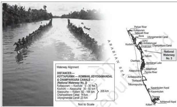 Map of National Waterway 3, the west-coast canal stretch between Kottapuram and Kollam in Kerala