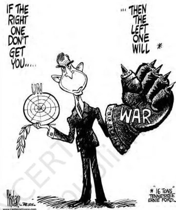 Cartoon showing the UN as unable to balance US power, captioned as not a great balance to the US