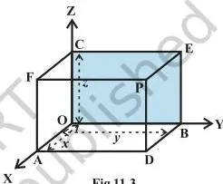 Point P in space with three planes through it parallel to the coordinate planes, meeting the axes at A, B and C so that OA = x, OB = y and OC = z