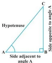 Right triangle ABC with angle A marked, showing the side opposite, the side adjacent, and the hypotenuse relative to angle A