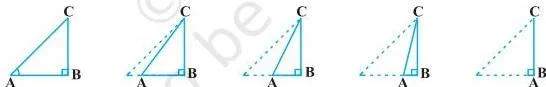 Introduction to Trigonometry Class 10 Formulas Two right triangles showing angle A growing towards 90° while the adjacent side AB nearly disappears, motivating sin 90° = 1 and cos 90° = 0