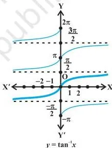 Inverse Trigonometric Functions Class 12 Notes Graph of y = tan x with vertical asymptotes at odd multiples of pi/2, showing why the principal branch range of the inverse tangent must be the open interval from minus pi/2 to pi/2