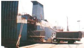 Lifelines of National Economy Class 10: NCERT Chapter 7 PDF Trucks being driven into a vessel at Mumbai port, showing road vehicles loaded directly for sea transport