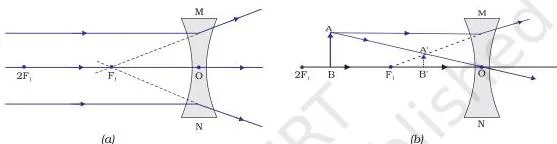 Light – Reflection and Refraction Class 10 (Chapter 9 PDF) Ray diagrams of a concave lens showing the image always virtual, erect and diminished between the focus and the optical centre, whichever way the object is placed