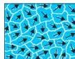 Ferromagnetic material shown as domains, randomly oriented before a field is applied and aligned into one giant domain after