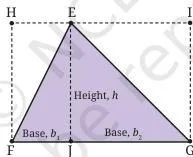 A triangle enclosed in a rectangle with base b split into b1 and b2, showing the area is half the rectangle's area