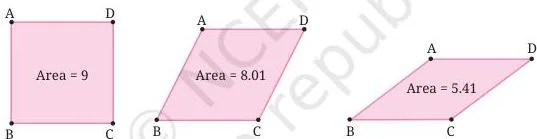 Three rhombi each with side length 3 but different shapes and areas, showing that side lengths alone do not fix a quadrilateral's area