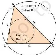 A triangle with its circumcircle passing through all three vertices and its incircle touching all three sides, showing the radii R and r