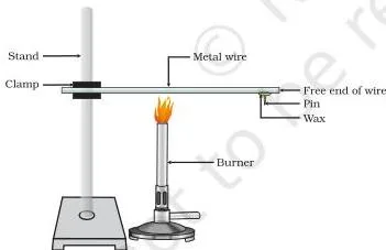 NCERT Solutions for Class 10 Science Chapter 3 Metals and Non-metals Wire clamped to a stand with a pin stuck by wax at the free end, showing that heat travels along a metal wire