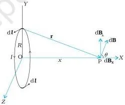 Circular current loop with a field point P on its axis, showing the axial and perpendicular components of dB from a line element and the cancellation of the perpendicular parts