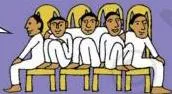 Cartoon comparing a country where the people who make chairs also sit on them with a country where one person takes all the chairs, illustrating unequal sharing