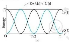 Oscillations Class 11 Formulas Graphs showing kinetic energy, potential energy and total energy of a particle in SHM as functions of time and displacement. Total energy is constant; K and U vary sinusoidally with period T/2.