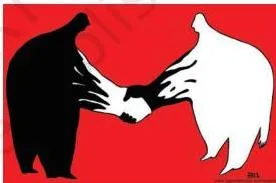 Outcomes of Democracy Class 10: NCERT Chapter 5 PDF Two paired images labelled Enemies and Greeting, showing conflict and friendship as different possible effects of democratic politics on social divisions