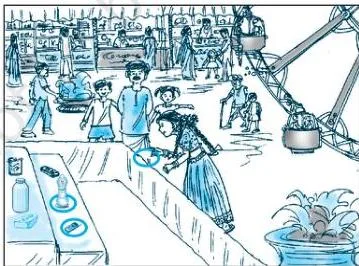 Illustration of a fair scenario where a student rides a Giant Wheel and plays Hoopla, representing a pair of linear equations in two variables