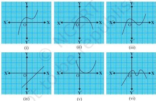Polynomials Class 10 Formulas Six graphs of polynomials y = p(x) with different shapes; each x-axis intersection is a zero of p(x)