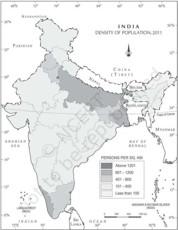 Population Class 12: Distribution, Density, Growth and Composition Shaded map of India showing density of population in persons per square kilometre, from very low in the north-east to very high around Delhi and the Gangetic plains