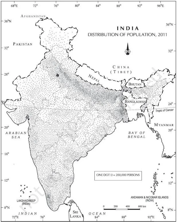 Population Class 12: Distribution, Density, Growth and Composition Shaded map of India showing the highly uneven spread of population across states, with dense concentration in the northern plains and coastal regions