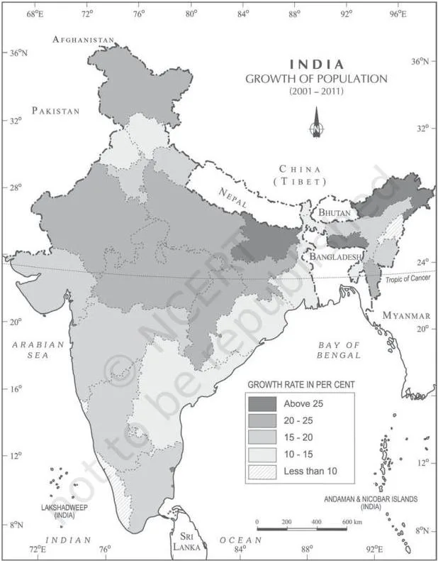 Population Class 12: Distribution, Density, Growth and Composition Shaded map of India showing decadal growth of population across states, with a belt of high-growth states running from west to east across the north